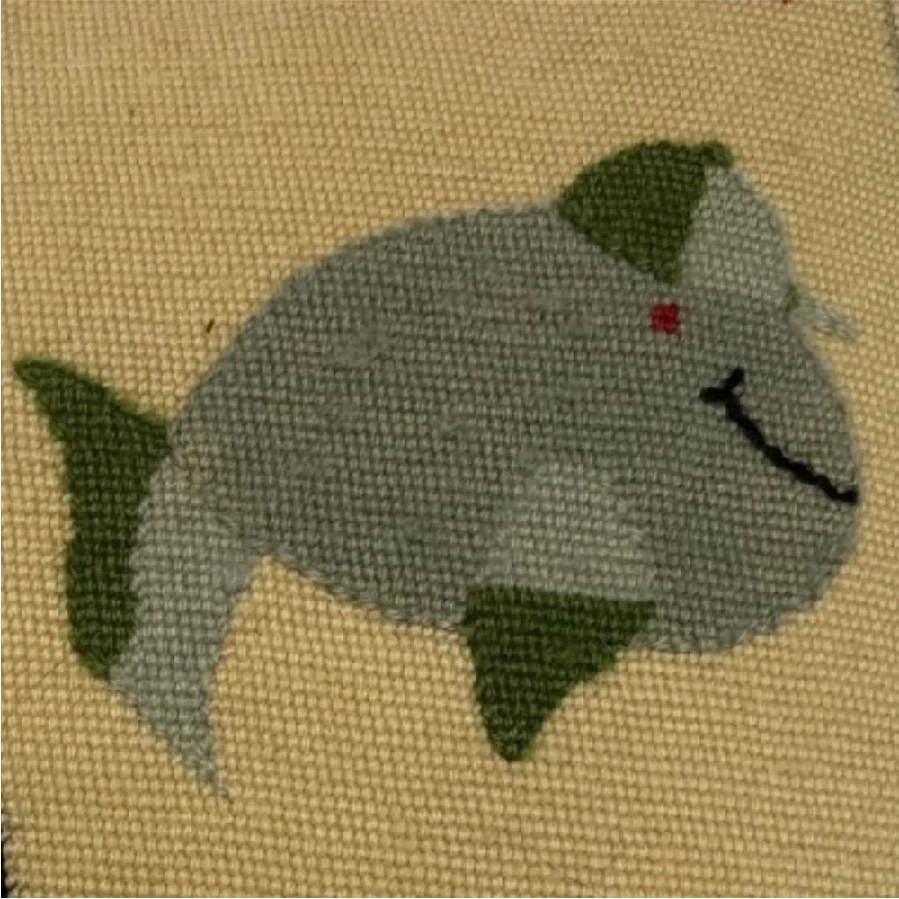 Vintage Antique Needlepoint butter yellow blue velvet WHALE baseball pil…